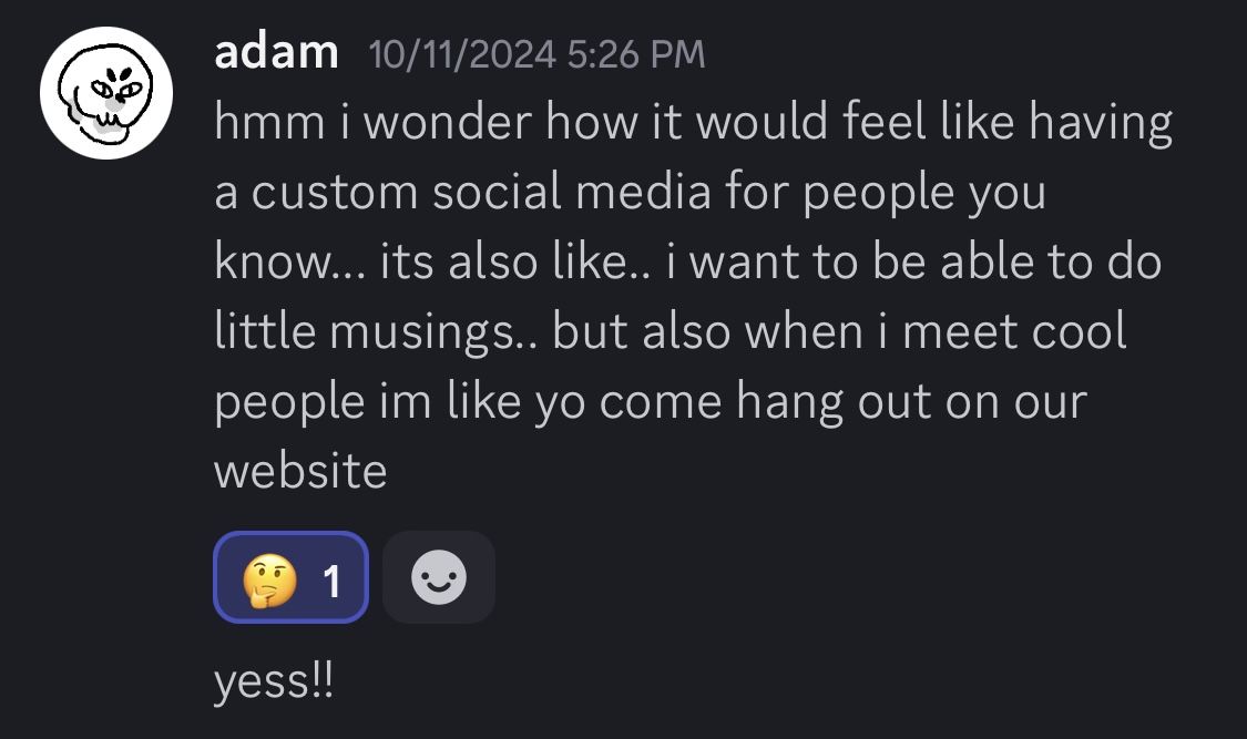 A response from Adam: 'hmm i wonder how it would feel like having a custom social media for people you know... its also like.. i want to be able to do little musings.. but also when i meet cool people im like yo come hang out on our website'